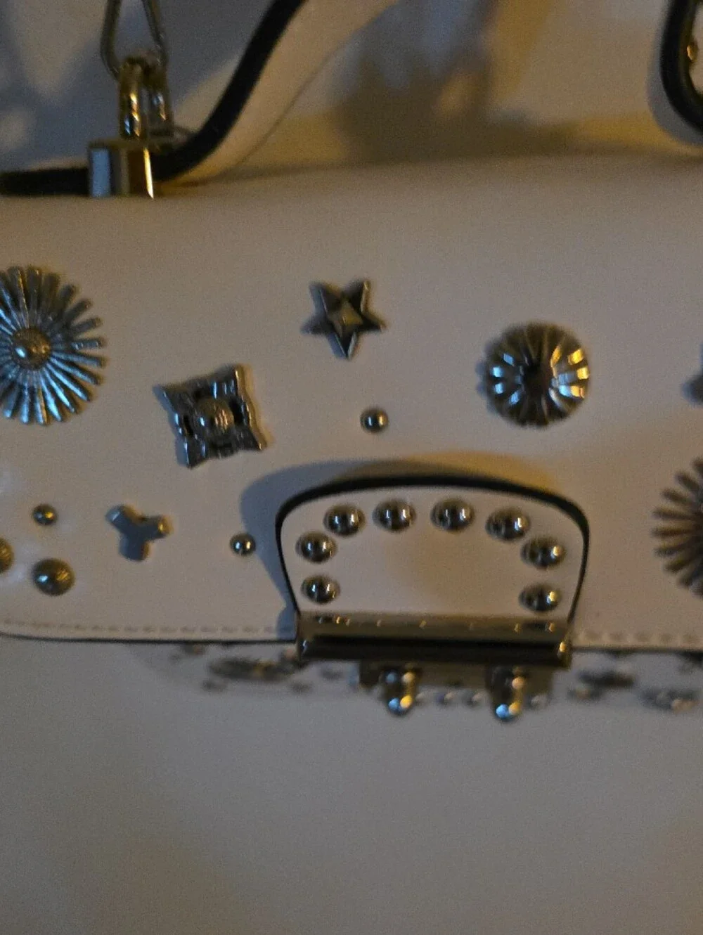 White Studded Top-Handle Satchel with Silver Hardware